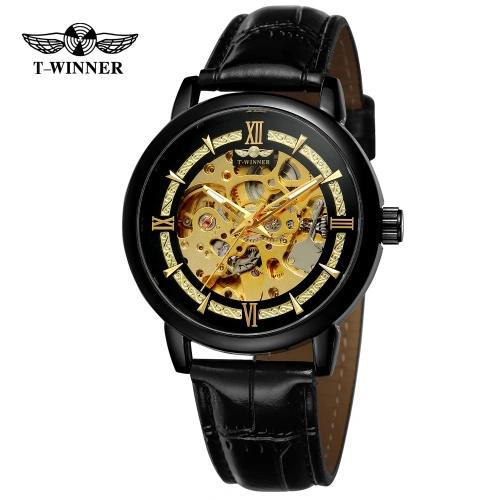 Forsining 8173 All Black-Gold Leather